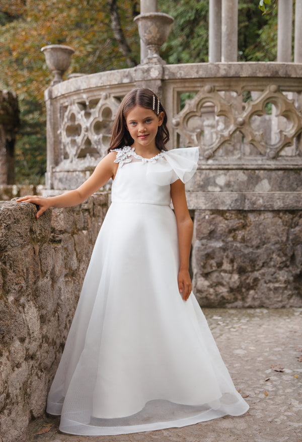 Albertine Beaded Bubble Ruffle Neckline Communion Dress with intricate hand-beaded bodice, made from the finest materials.